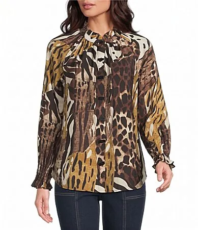 Crinkle Animal Ruffle Collar Shirred Raglan Long Sleeve Button-Front Shirt by Multiples