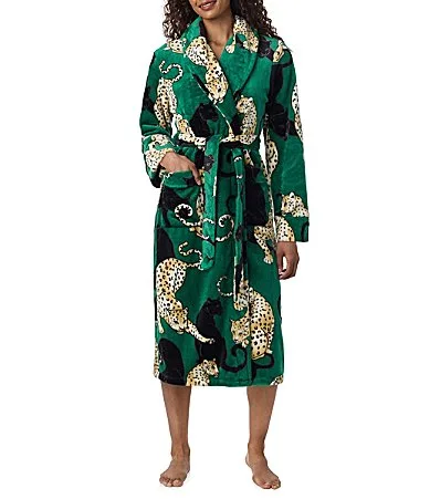 Green Feline Print Long Sleeve Shawl Collar Chenille Long Robe by Room Service