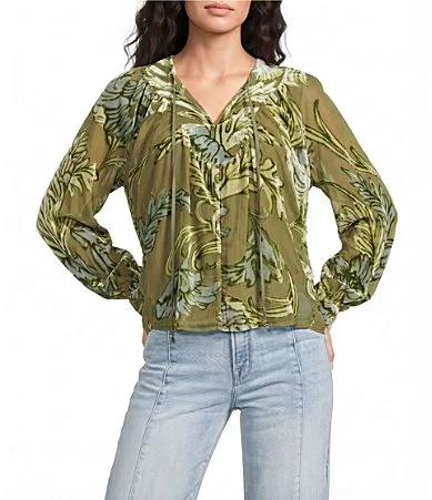 Cindy Floral Velvet Burnout Split V-Neck Long Sleeve Top by Ciebon