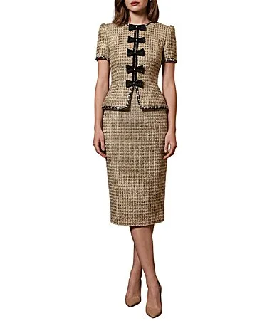 Tweed Round Neck Short Sleeve Bow Detail Knee Length Dress by Terani Couture