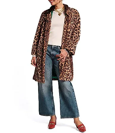 Dame Faux-Fur Leopard Print Mock Neck Long Sleeve Coat by Frances Valentine