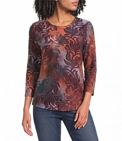 Burnout Jacquard Tie Dye Knit Crew Neck 34 Sleeve Top by Calessa