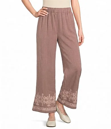 Wide Leg Embroidered Border Hem Pull-On Coordinating Cropped Pants by Calessa