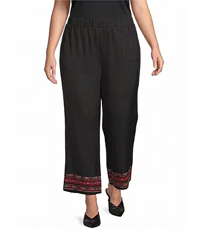 Wide Leg Embroidered Border Hem Pull-On Cropped Pants by Calessa