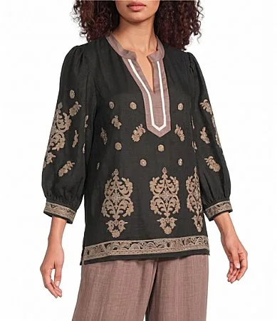 Contrast Bib Stand Collar 34 Puff Sleeves Embroidered Tunic by Calessa