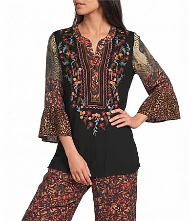 Woven Multi Print Embroidered Split V-Neck 34 Bell Sleeve Tunic by Calessa