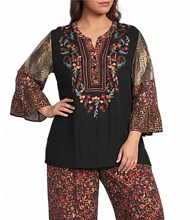 Woven Multi Print Embroidered Split V-Neck 34 Bell Sleeve Tunic by Calessa