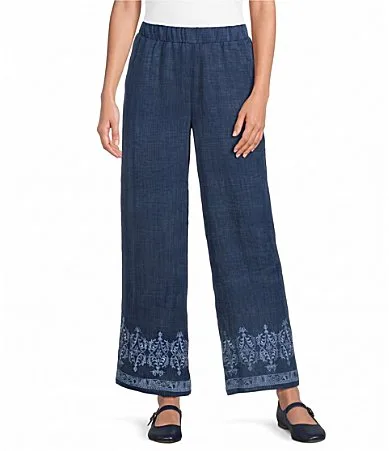 Wide Leg Embroidered Border Hem Pull-On Cropped Pants by Calessa