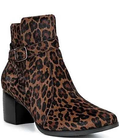 Rebecca Leopard Print Calf Hair Buckle Strap Block Heel Booties by Aetrex