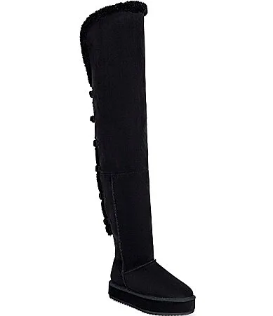 Shea Faux Shearling Trim Strapped Back Flatform Over the Knee Boots by Azalea Wang