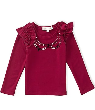 Long Sleeve Rhinestone Detailed Bow T-Shirt by Sara Sara