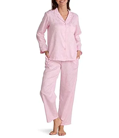 Long Sleeve Notch Collar Brushed Back Satin Long Pajama Set by Miss Elaine