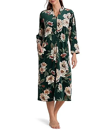 Emerald Blooms Print V-Neck Long Sleeve Fleece Lux Knit Long Zip Robe by Miss Elaine