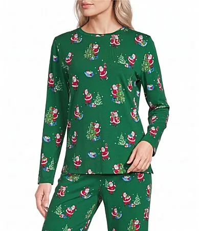 Classic Santa Print Knit Long Sleeve Crew Neck Coordinating Sleep Top by Sleep Sense