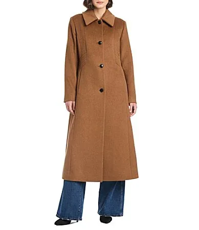 Wool Banana Stand Collar Long Sleeve Single Breasted Coat by Vince Camuto