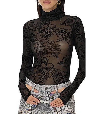 Zadie Floral Flocked Mesh Mock Neck Long Sleeve Top by Afrm
