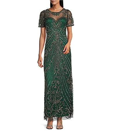 Short Sleeve Beaded Gown by Pisarro Nights