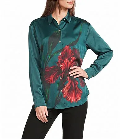 Silky Crepe Floral Print Point Collar Button Front Top by Karl Lagerfeld