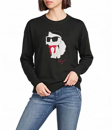 Choupette Crew Neck Long Sleeve Knit Sweater by Karl Lagerfeld