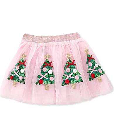 Sequin Embellished Christmas Tree Applique Mesh Skirt by Mud Pie