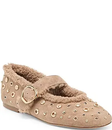 Mella Plush Suede Studded Faux Fur Lined Mary Jane Ballet Flats by Dolce Vita