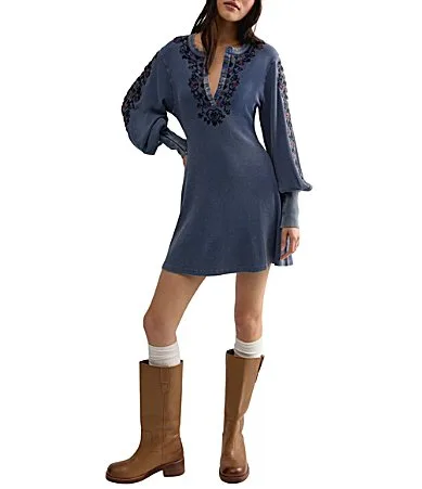 Freeze Frame Floral Embroidered Henley Neck Long Sleeve A-Line Textured Knit Mini Dress by Free People