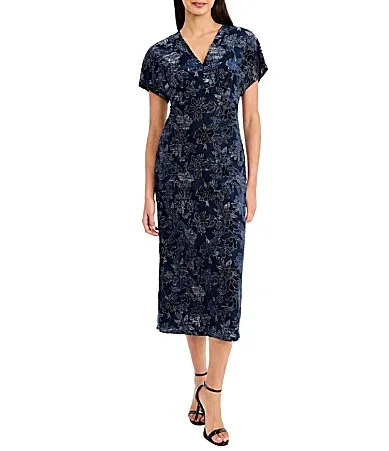 Velvet Burnout Floral Print V-Neck Short Sleeve Midi Dress by Maggy London