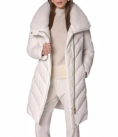 Chevron Pattern High Neck Down Filled Asymmetrical Zip Front Puffer by Donna Karan