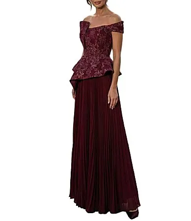 Peplum Lace Off-The-Shoulder Pleated Skirt Gown by Terani Couture