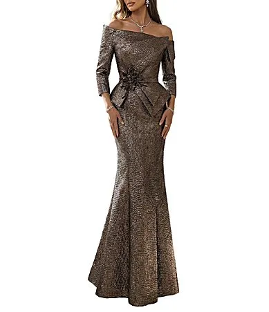 Jacquard Flower Waist Off-The-Shoulder 34 Sleeve Gown