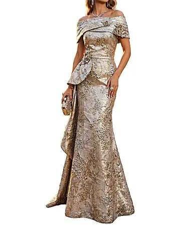 Jacquard Off-The-Shoulder Waist Flare Gown by Terani Couture
