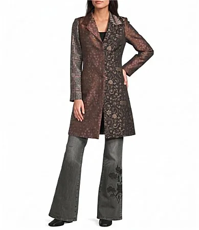 Jacquard Mixed Floral Patchwork Notch Collar Long Sleeve Snap-Front Long Jacket by Johnny Was