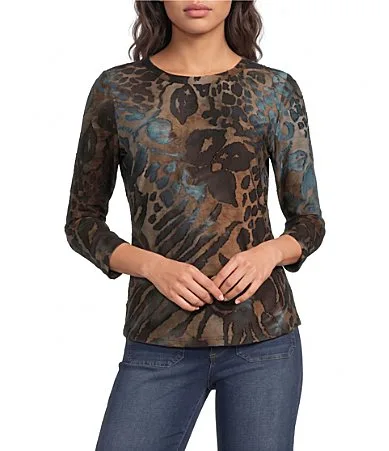 Multi Print Burnout Knit Crew Neck 34 Sleeve Top by Calessa