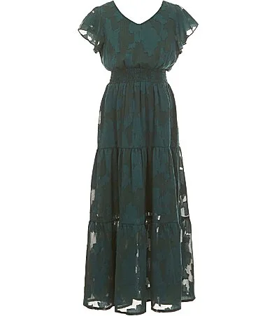 Flutter Sleeve Bow-Back Tiered Fit-And-Flare Maxi Dress by Honey and Rosie