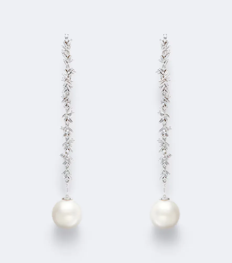18kt White Gold Drop Earrings with Diamonds and Pearls by Suzanne Kalan