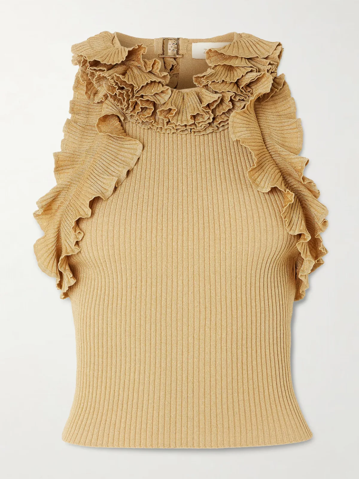 - Luna Cropped Ruffled Metallic Ribbed-knit Top -