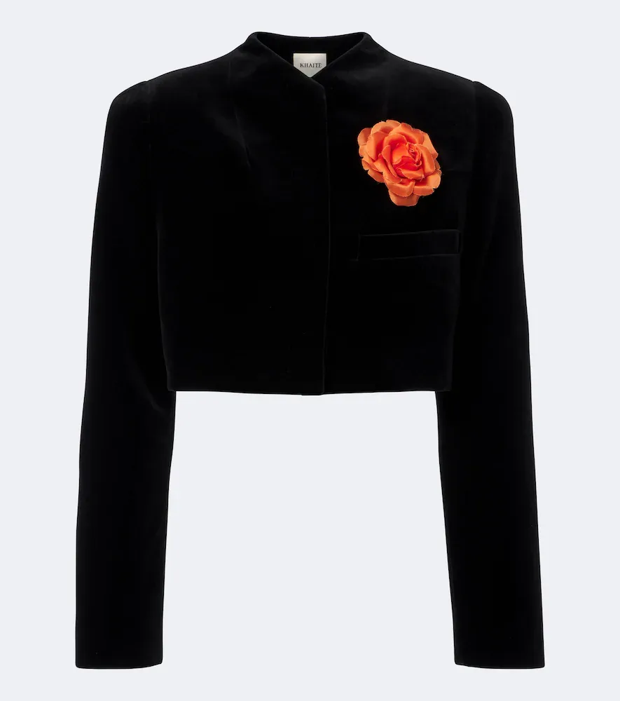 Samo Floral-Appliqué Cropped Velvet Jacket by Khaite