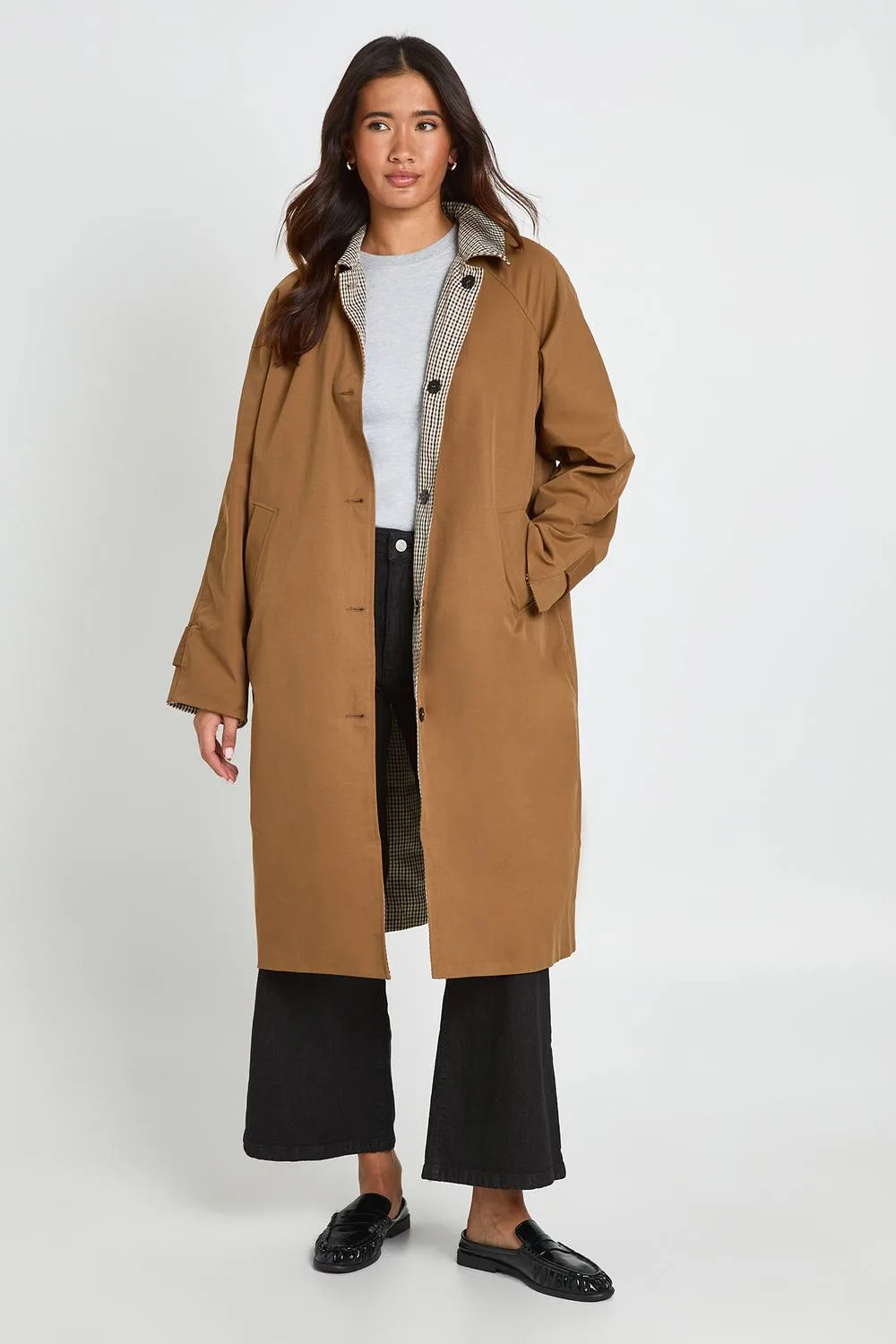 Reversible Check Detail Trench Coat by boohoo