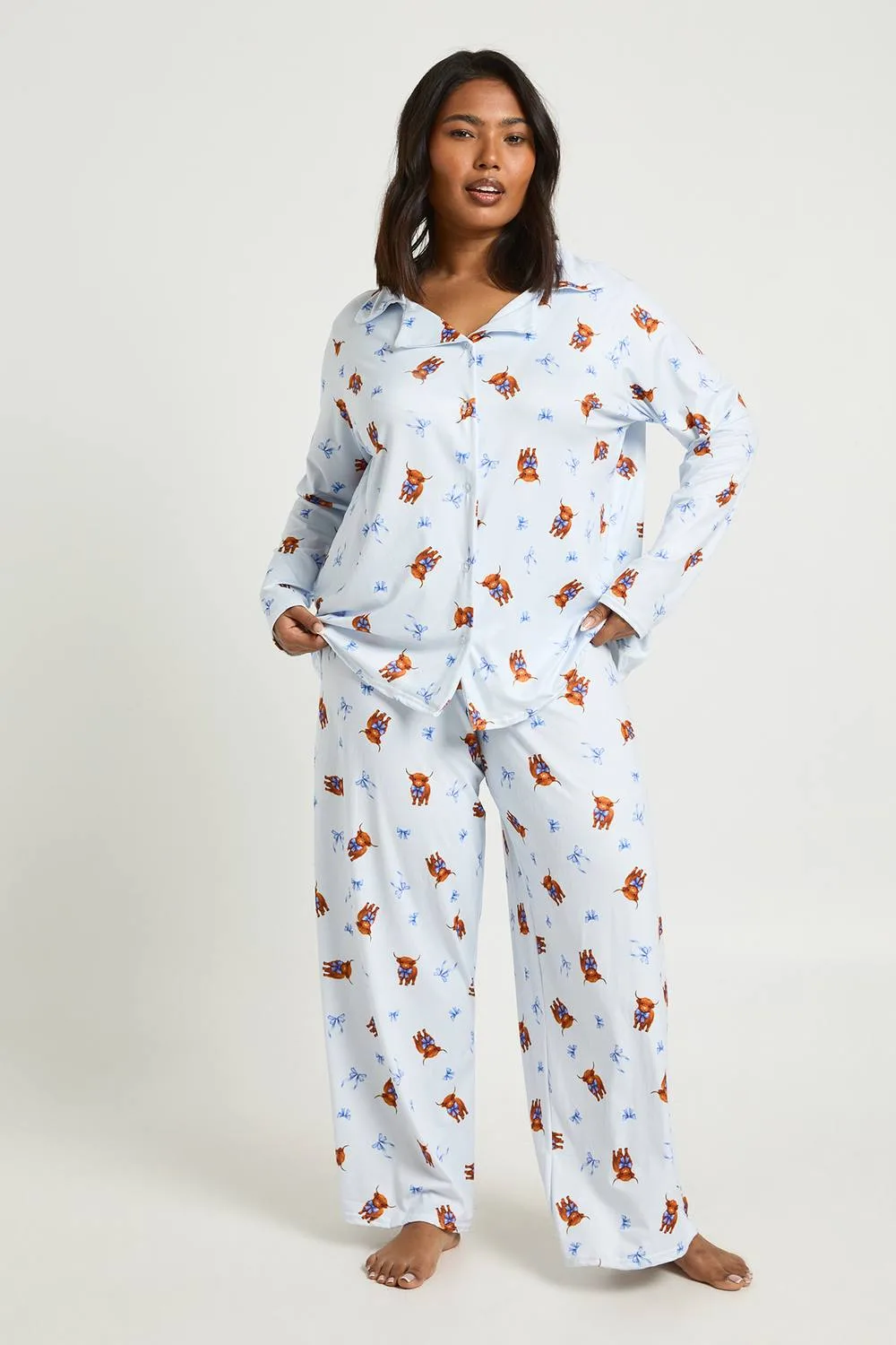 Highland Cow Print Long Sleeve Shirt & Trousers Pyjama Set by boohoo
