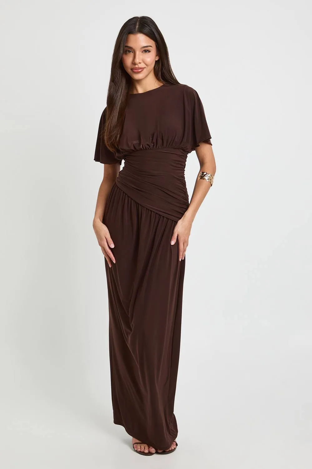 Angel Sleeve Ruched Asymmetric Waist Maxi Dress by boohoo