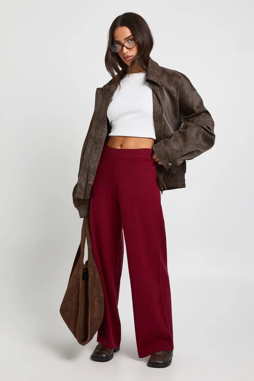 Petite Wide Leg Rib Knit Trouser by boohoo