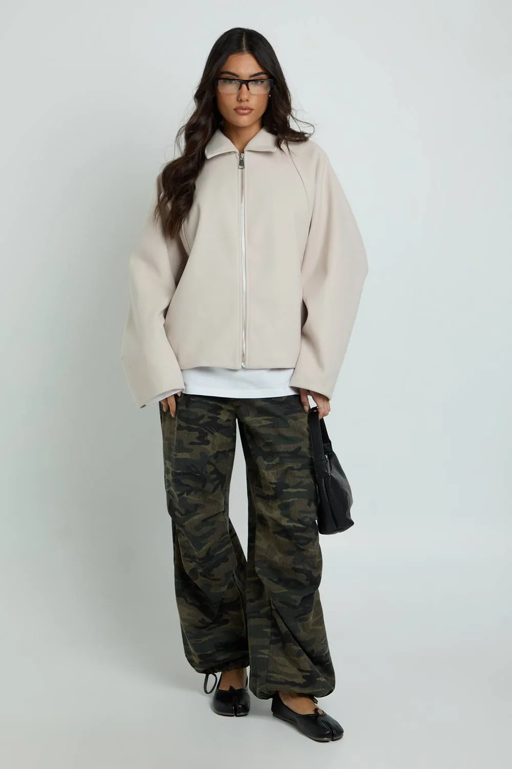 Collared Oversized Wool Look Jacket - Stone by boohoo