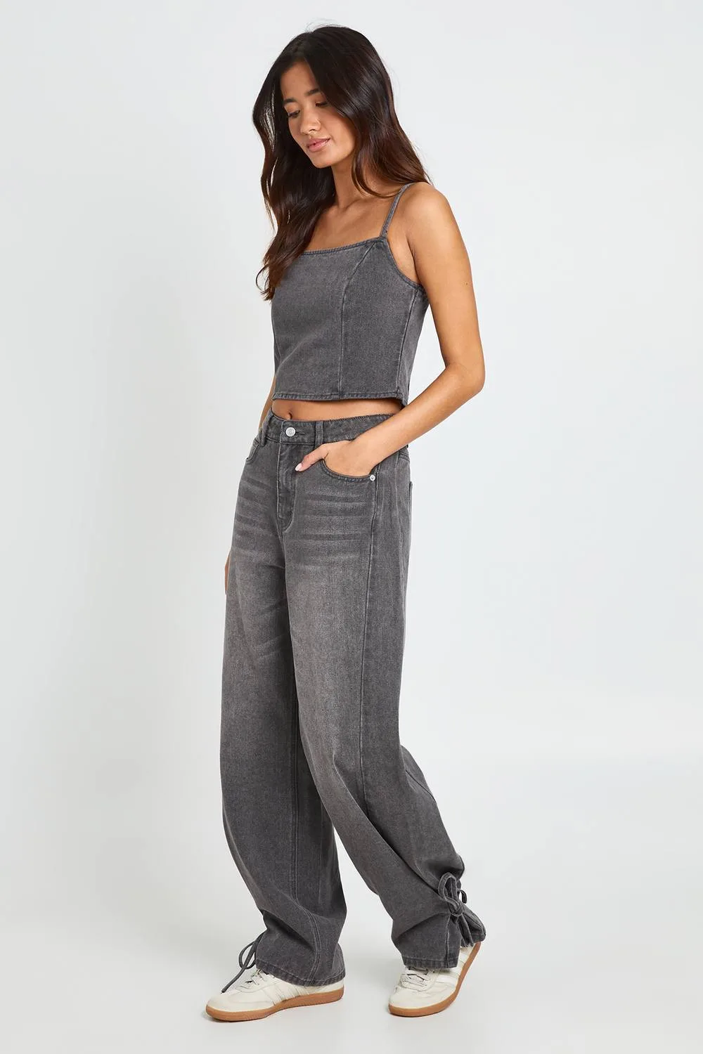 High Waist Tie Hem Detail Wide Leg Jean by boohoo
