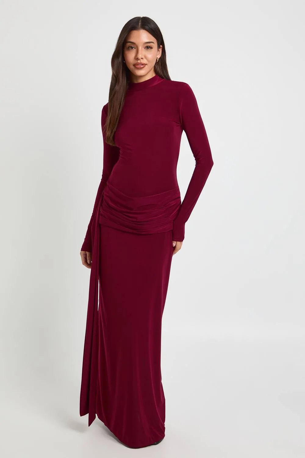 High Neck Drape Detail Long Sleeve Maxi Dress by boohoo