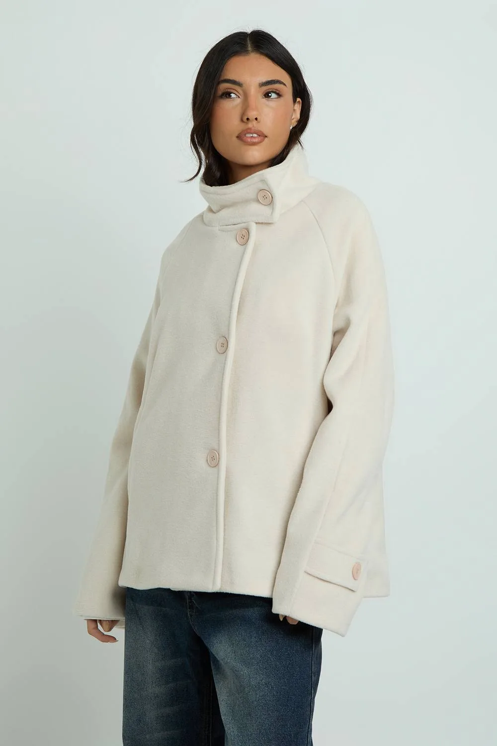 Funnel Neck Button Through Short Wool Look Jacket by boohoo