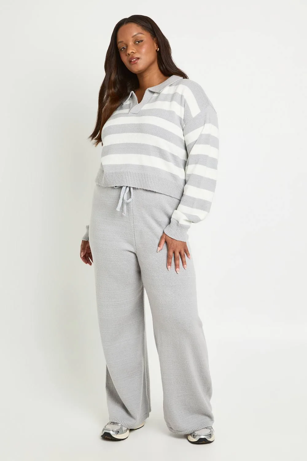 Plus Stripe Knit Collared Jumper & Wide Leg Trouser Co-Ord by boohoo