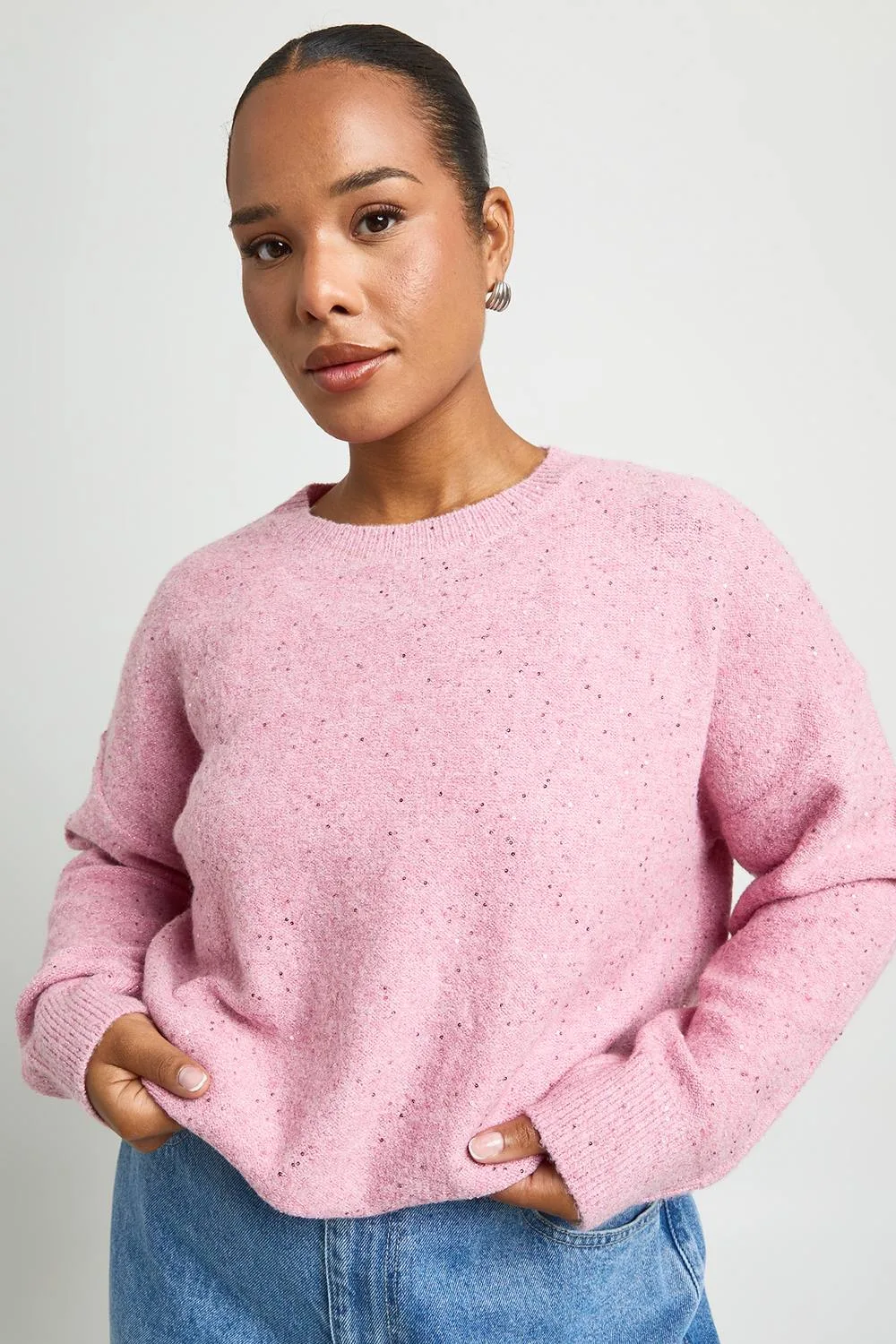 Plus Sequin Knit Crew Neck Jumper by boohoo