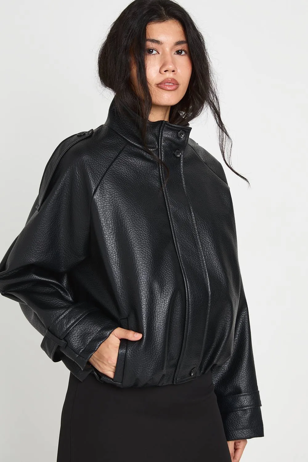 Collared Faux Leather Bomber Jacket by boohoo