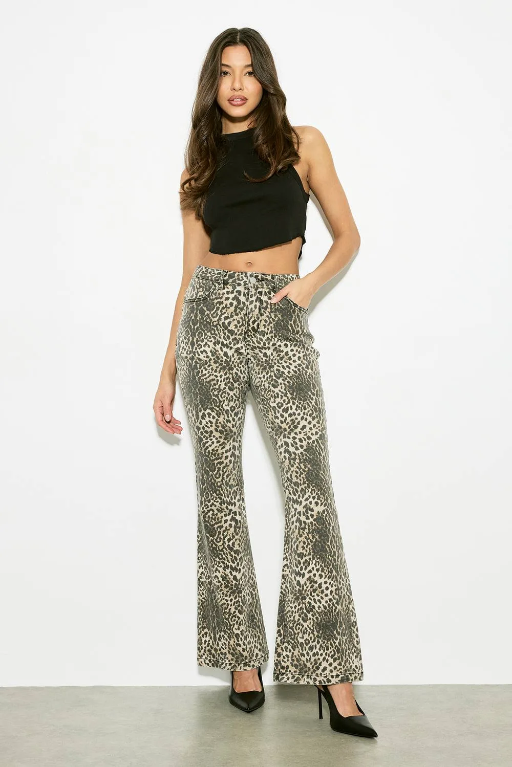 Mid Waist Leopard Print Flared Jean by boohoo