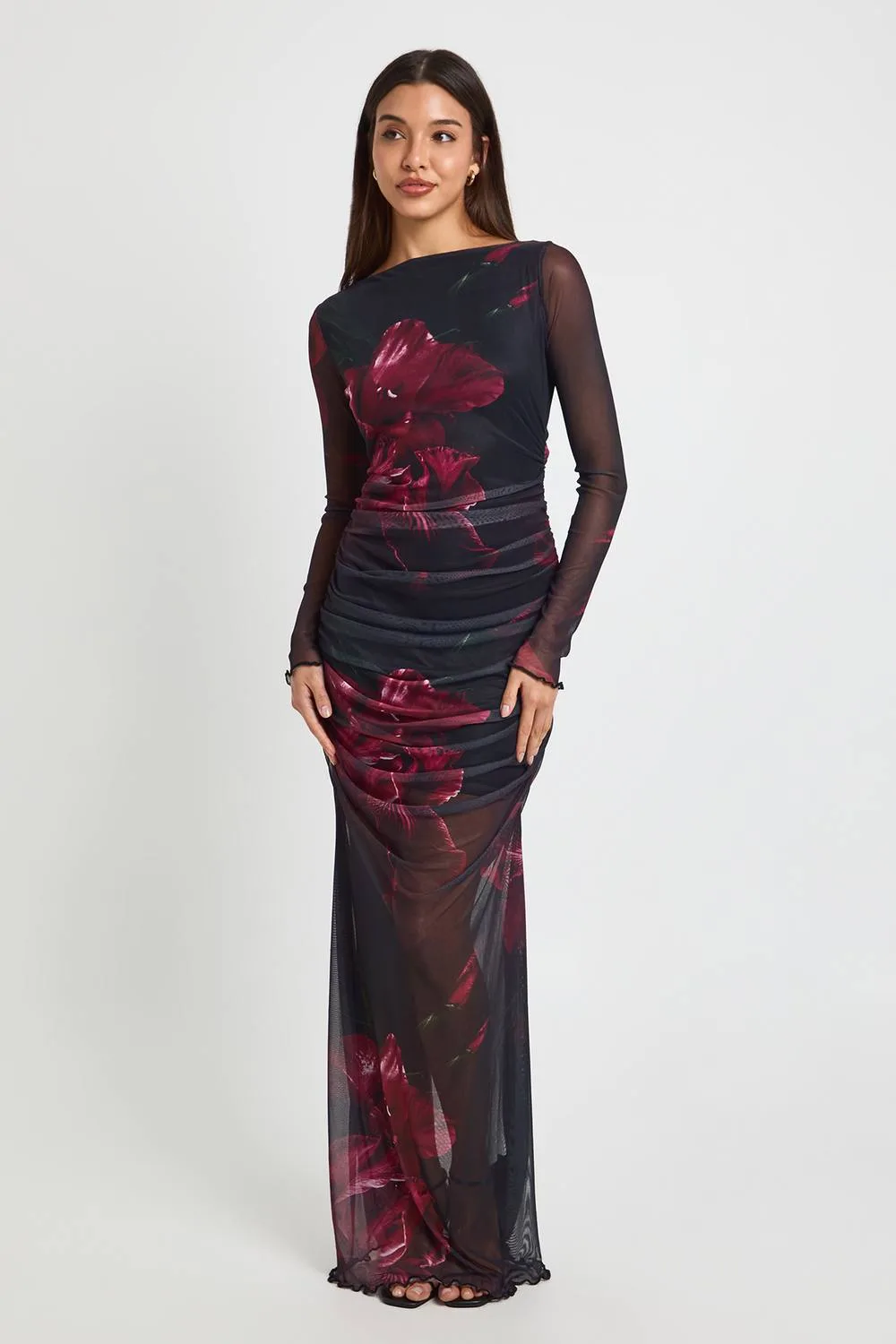 Blurred Floral Ruched Mesh Maxi Dress by boohoo